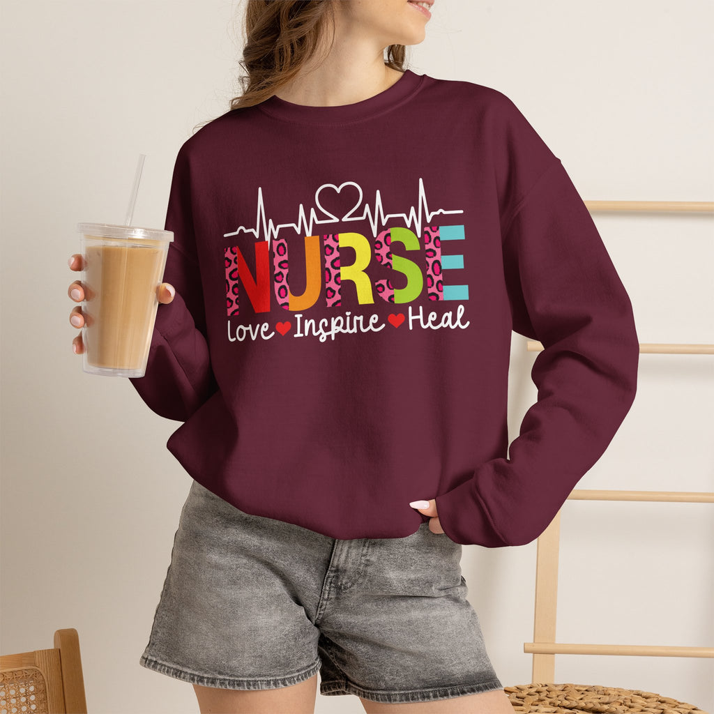 Nurse Heartbeat Crewneck Sweatshirt — "NURSE" Colorful Design, Love Inspire Heal