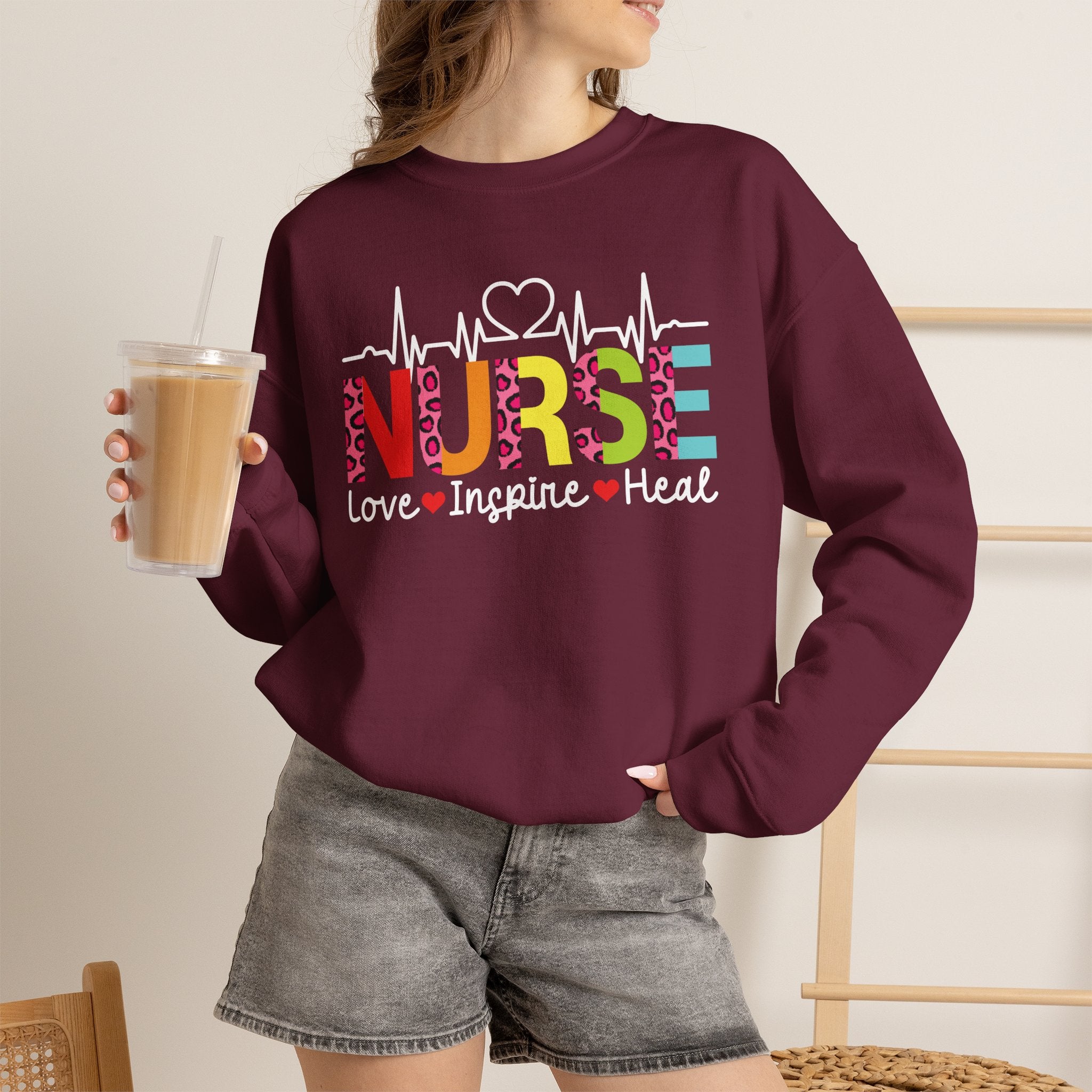 Nurse Heartbeat Crewneck Sweatshirt — "NURSE" Colorful Design, Love Inspire Heal