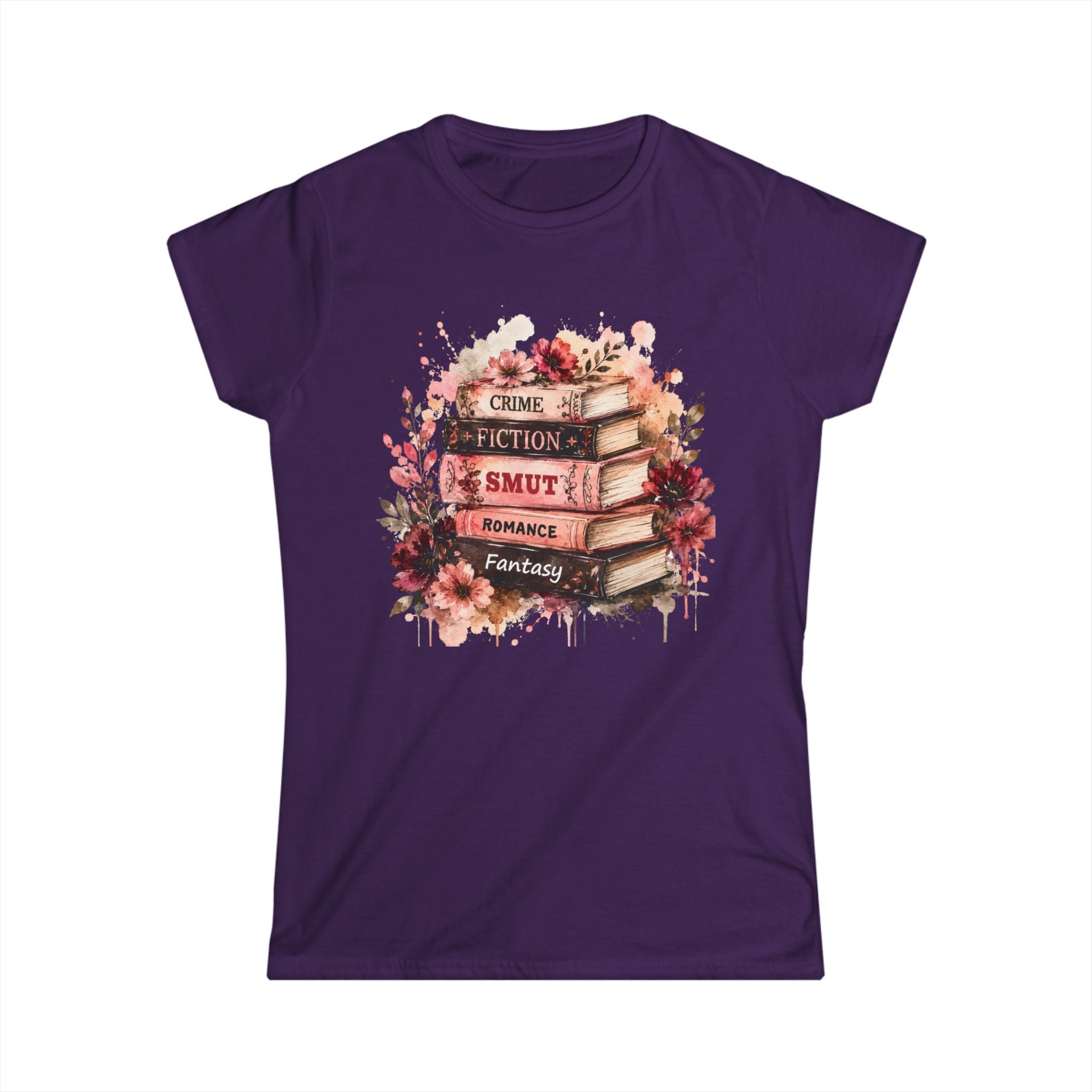Book Lover Stack T‑Shirt — Crime, Fiction, Smut, Romance & Fantasy Graphic Tee