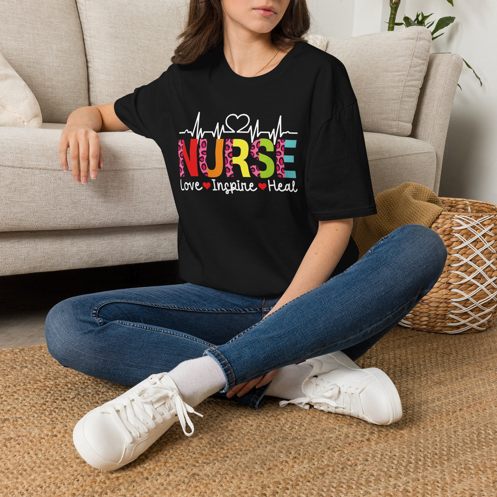 Nurse Heartbeat T‑Shirt — "NURSE: Love • Inspire • Heal" Colorful Leopard Healthcare Tee