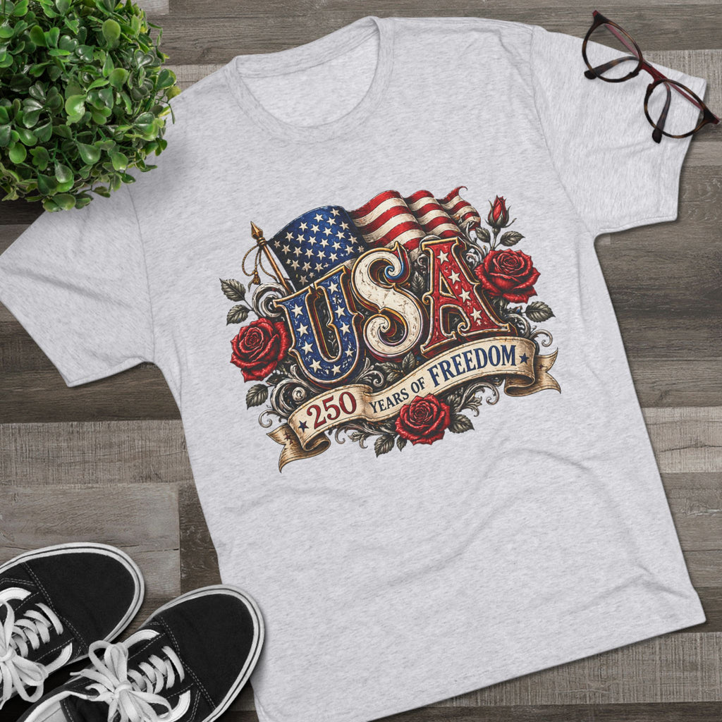 USA 250 Years of Freedom Graphic Tee – Patriotic American Flag & Roses T-Shirt