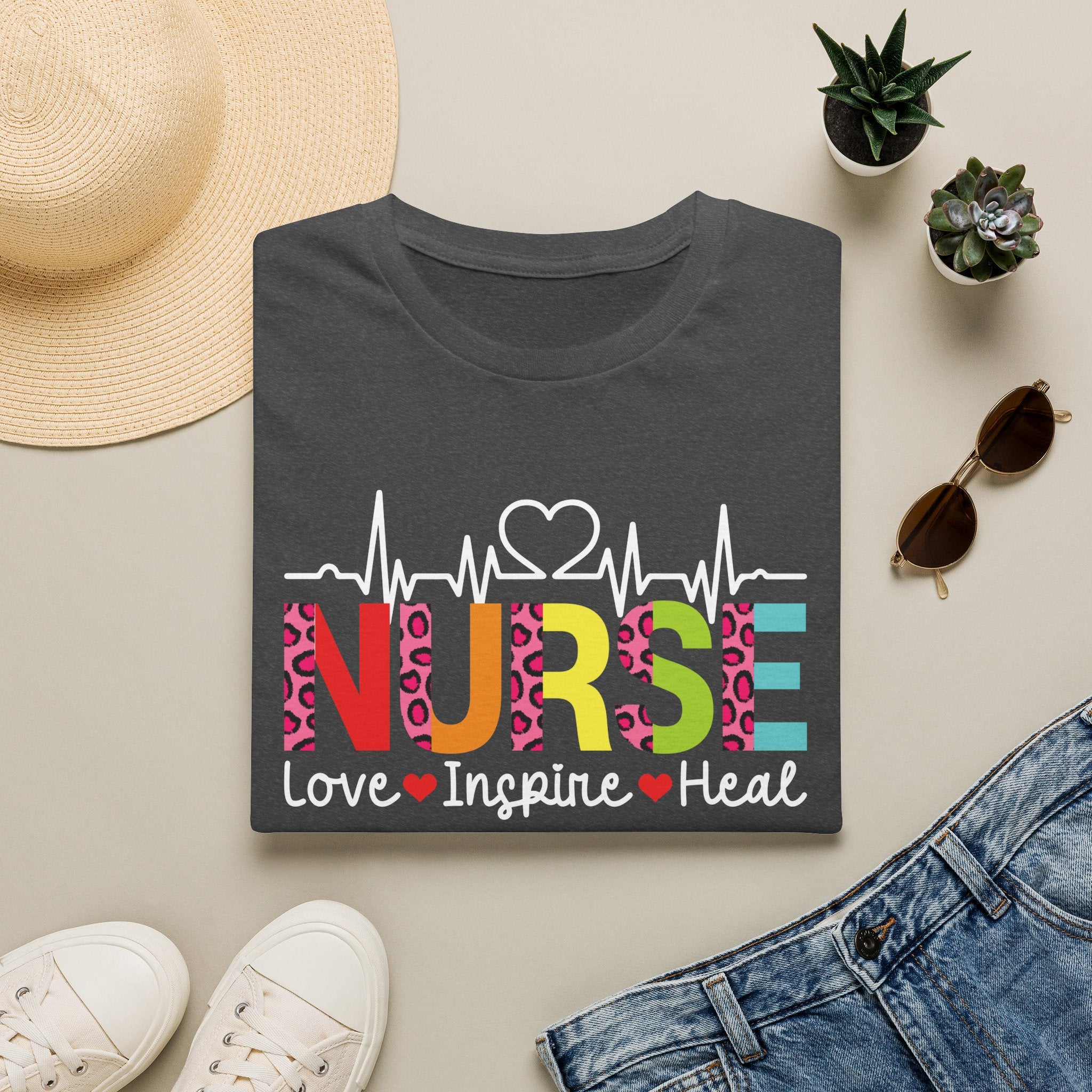 Nurse Heartbeat T‑Shirt — "NURSE: Love • Inspire • Heal" Colorful Leopard Healthcare Tee