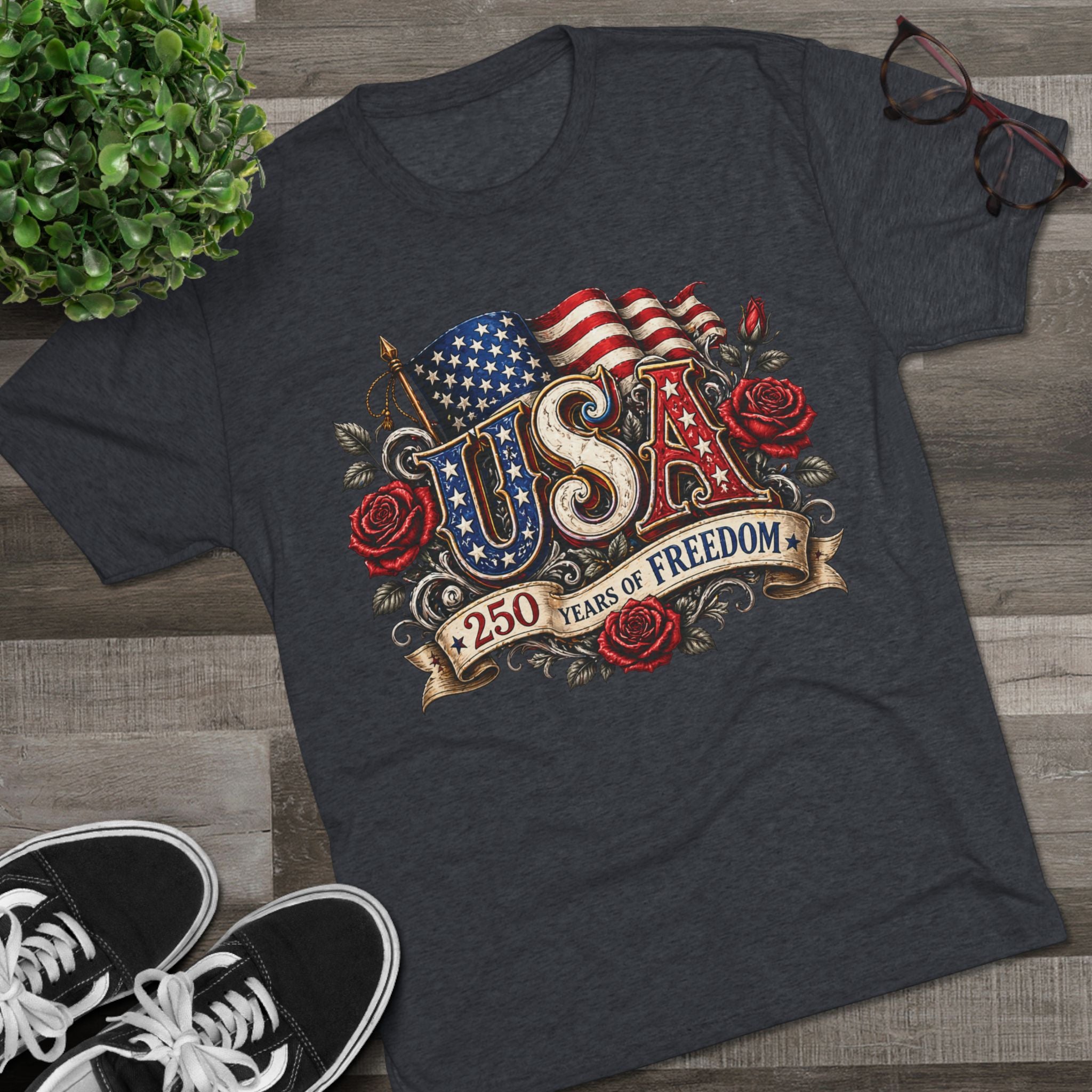 USA 250 Years of Freedom Graphic Tee – Patriotic American Flag & Roses T-Shirt