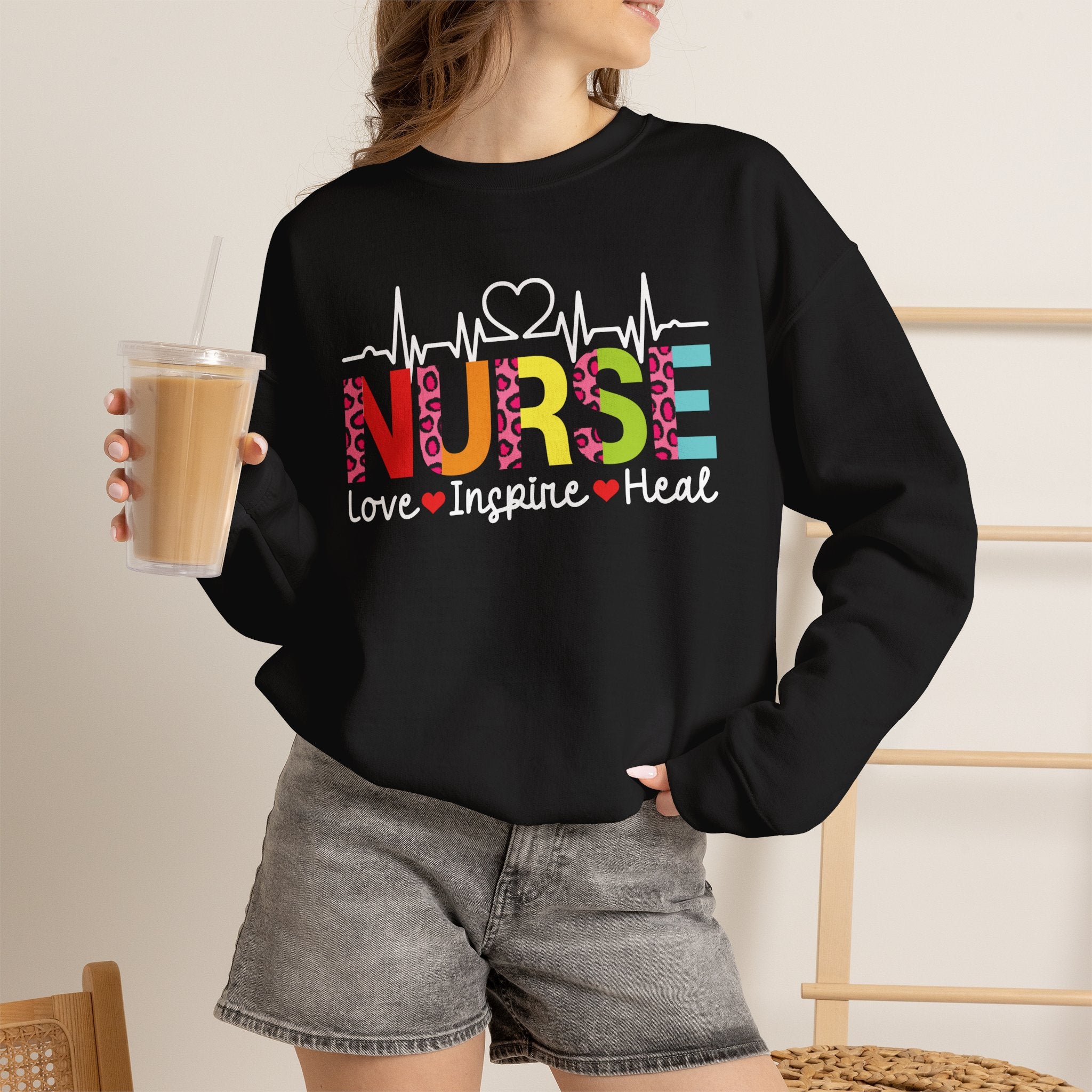 Nurse Heartbeat Crewneck Sweatshirt — "NURSE" Colorful Design, Love Inspire Heal