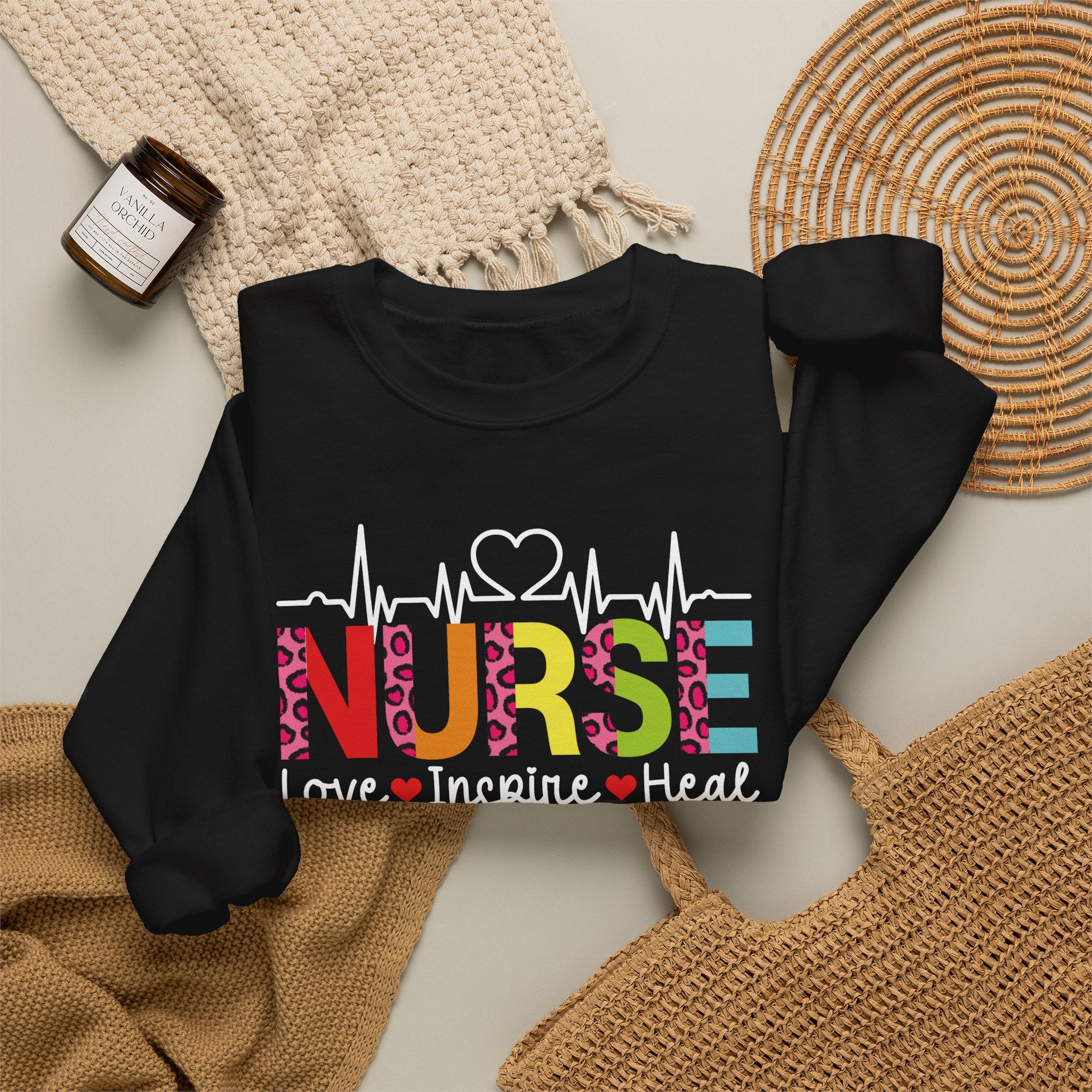 Nurse Heartbeat Crewneck Sweatshirt — "NURSE" Colorful Design, Love Inspire Heal