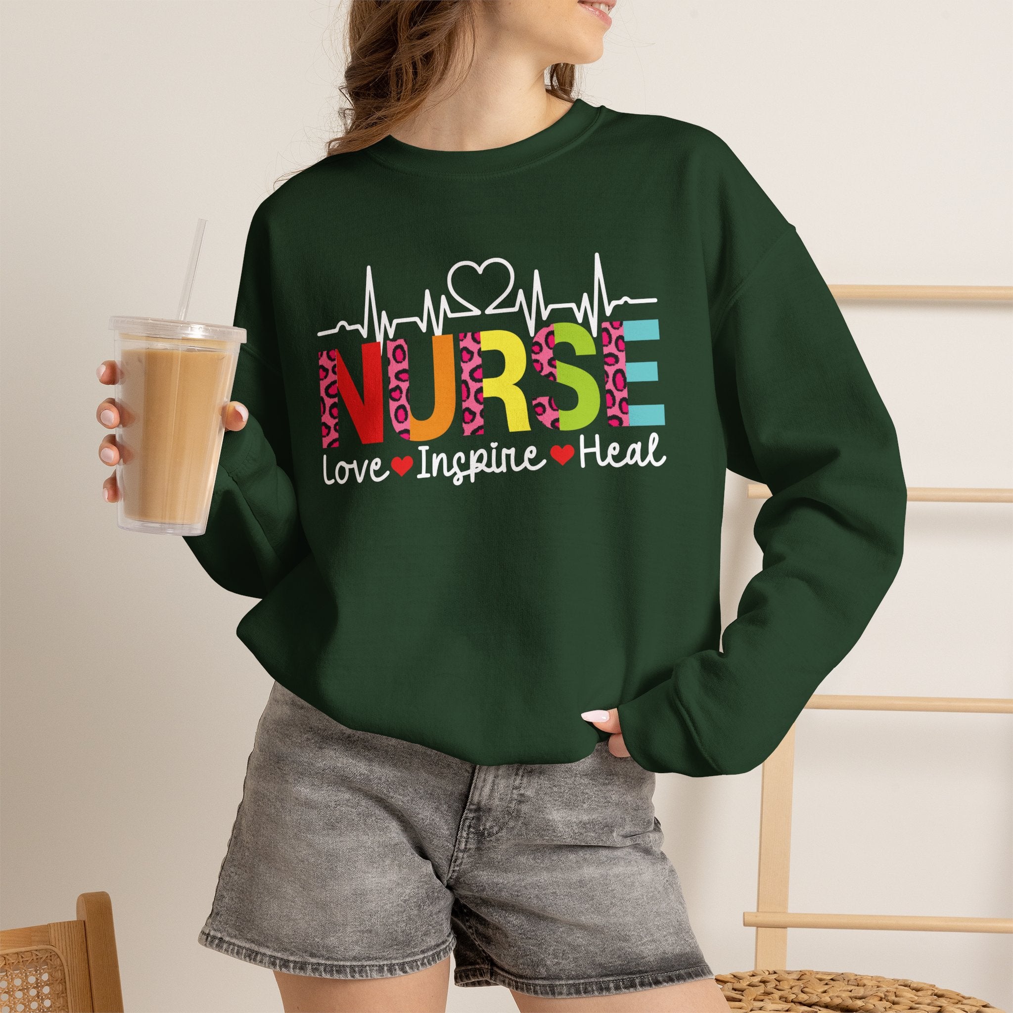 Nurse Heartbeat Crewneck Sweatshirt — "NURSE" Colorful Design, Love Inspire Heal