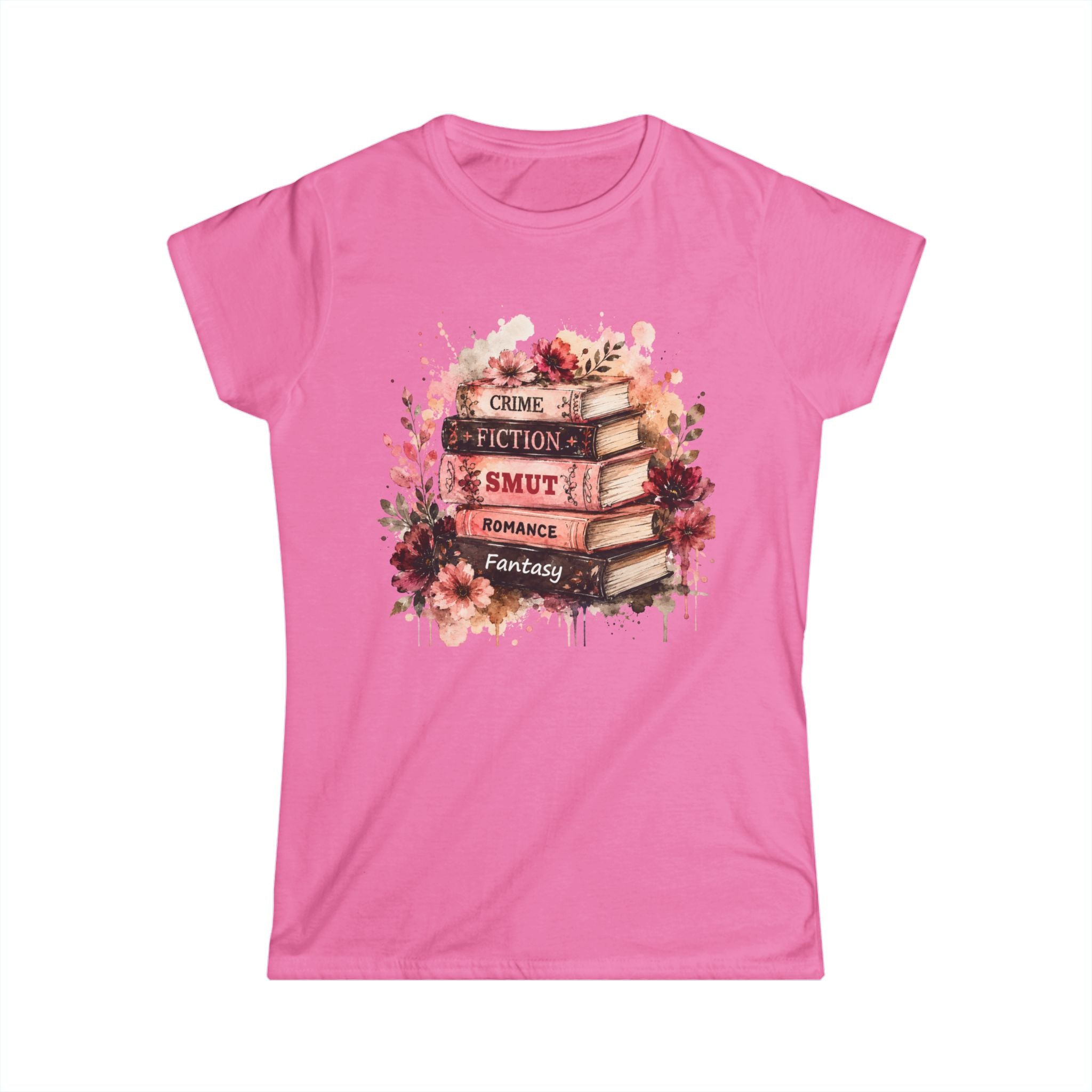 Book Lover Stack T‑Shirt — Crime, Fiction, Smut, Romance & Fantasy Graphic Tee