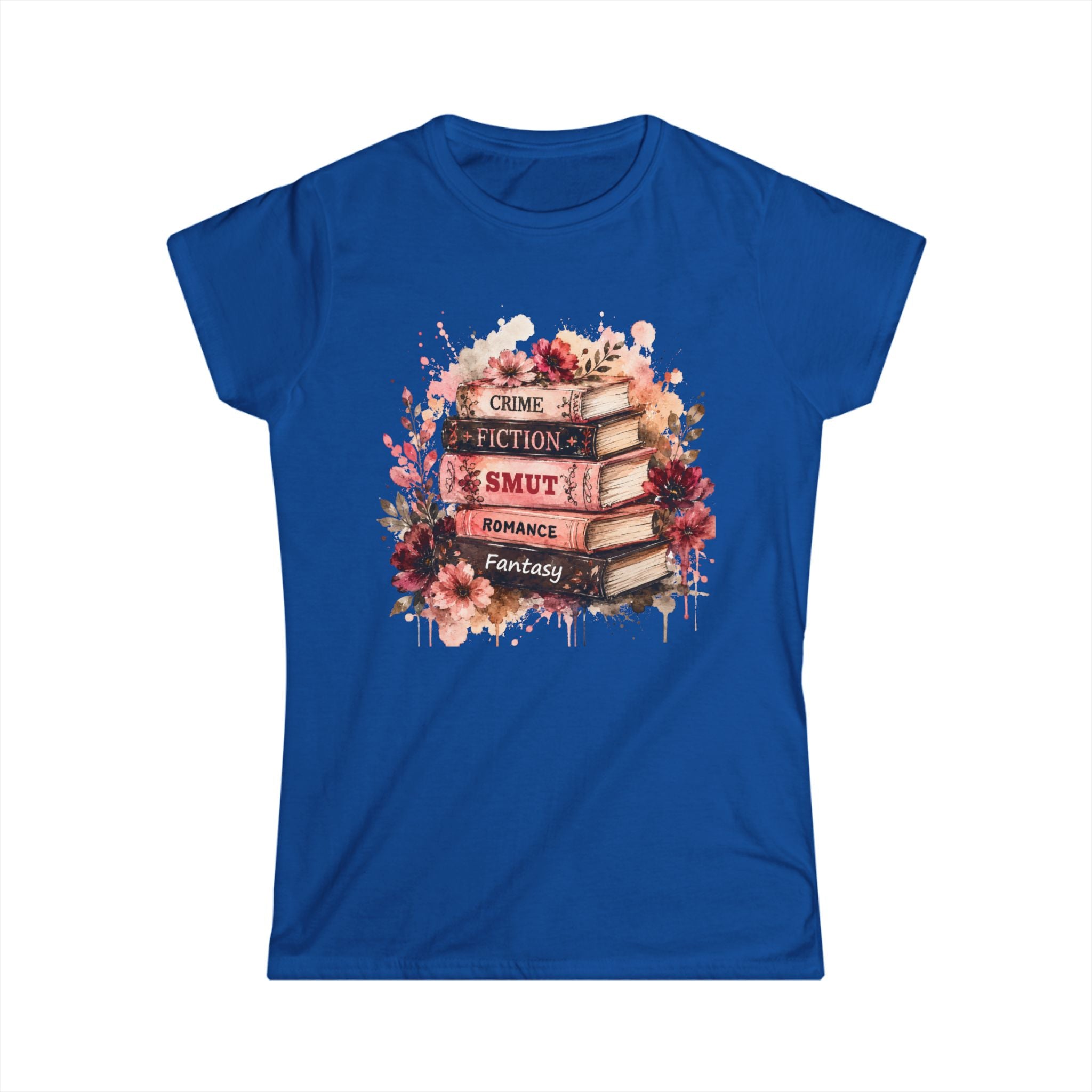 Book Lover Stack T‑Shirt — Crime, Fiction, Smut, Romance & Fantasy Graphic Tee