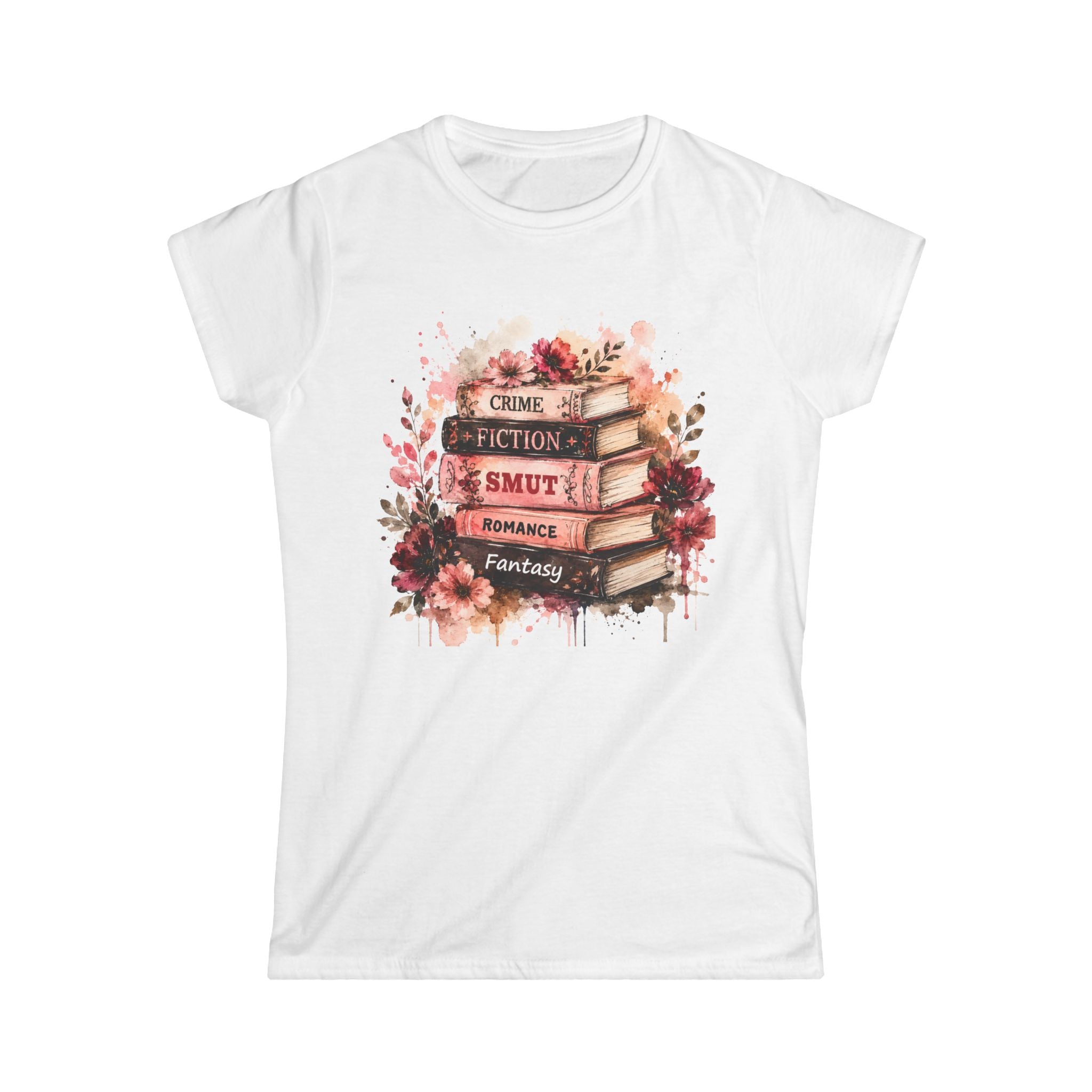 Book Lover Stack T‑Shirt — Crime, Fiction, Smut, Romance & Fantasy Graphic Tee