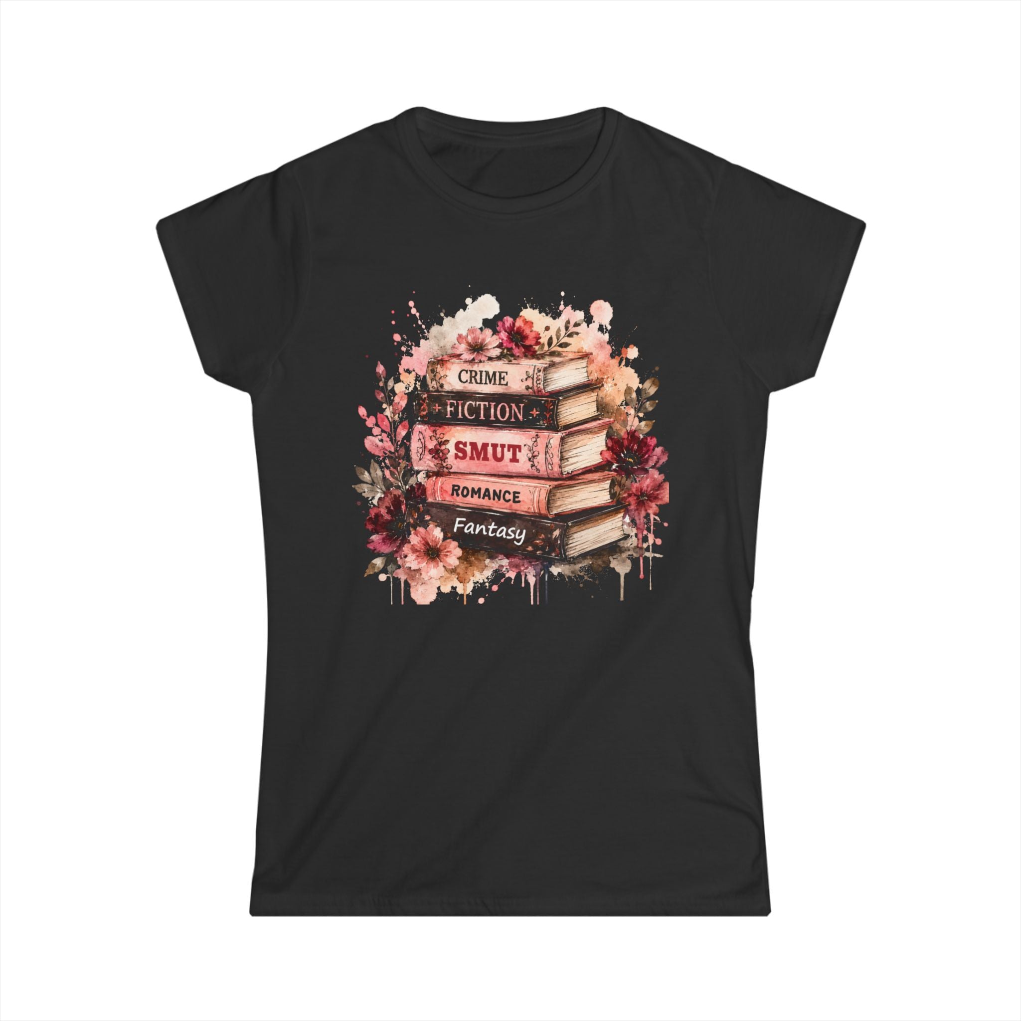Book Lover Stack T‑Shirt — Crime, Fiction, Smut, Romance & Fantasy Graphic Tee