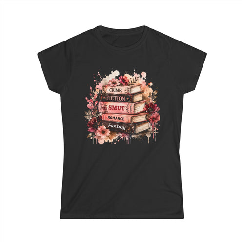 Book Lover Stack T‑Shirt — Crime, Fiction, Smut, Romance & Fantasy Graphic Tee