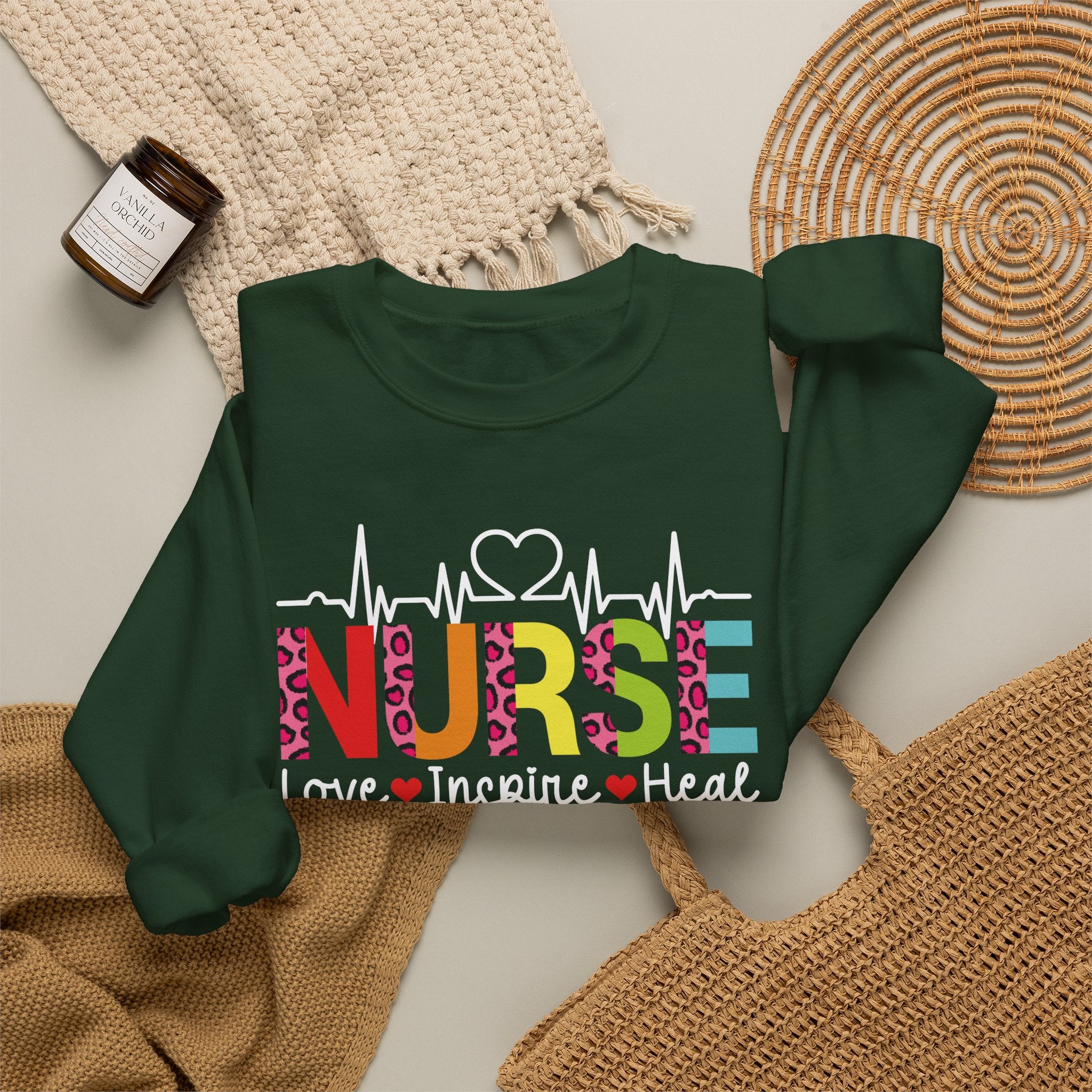 Nurse Heartbeat Crewneck Sweatshirt — "NURSE" Colorful Design, Love Inspire Heal