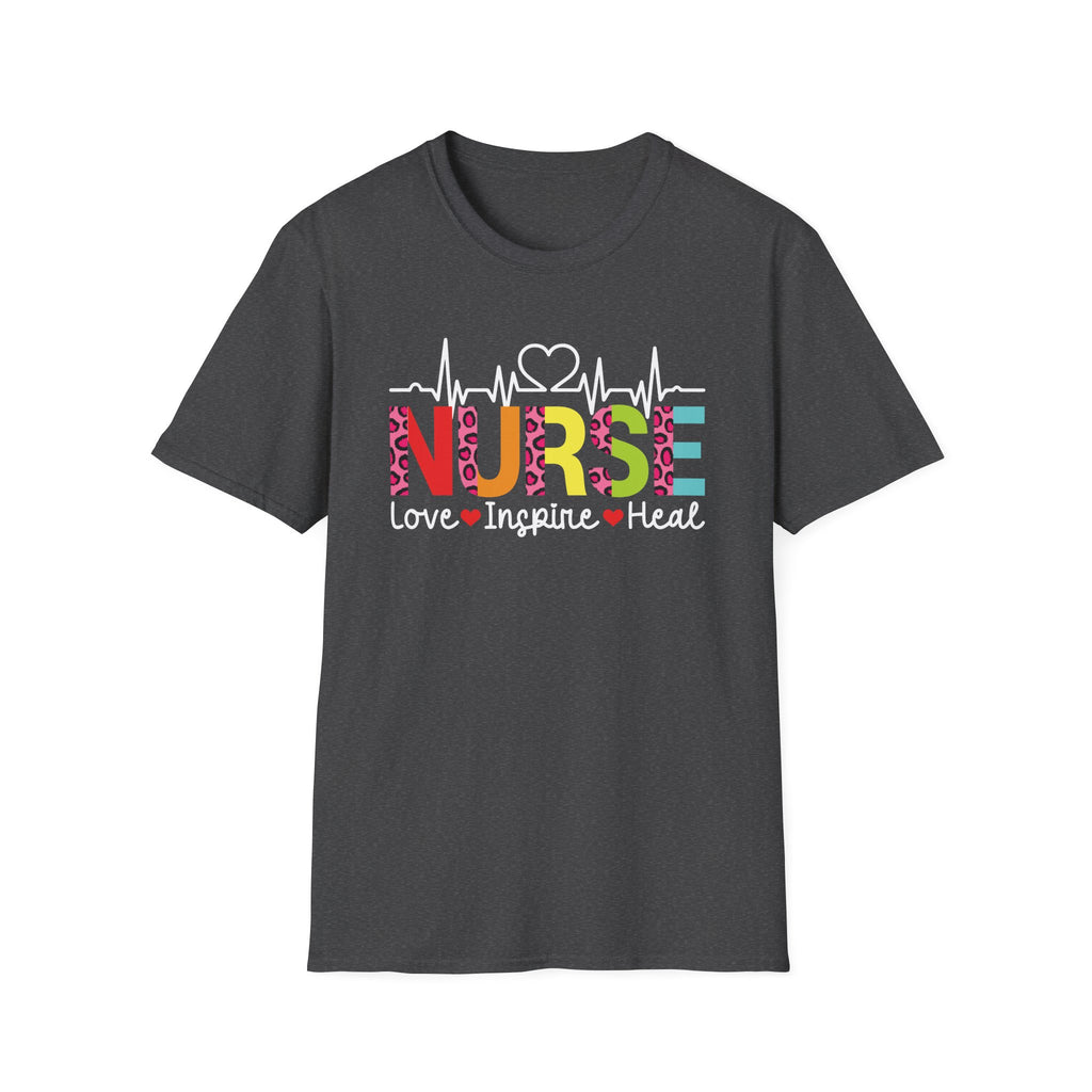 Nurse Heartbeat T‑Shirt — "NURSE: Love • Inspire • Heal" Colorful Leopard Healthcare Tee
