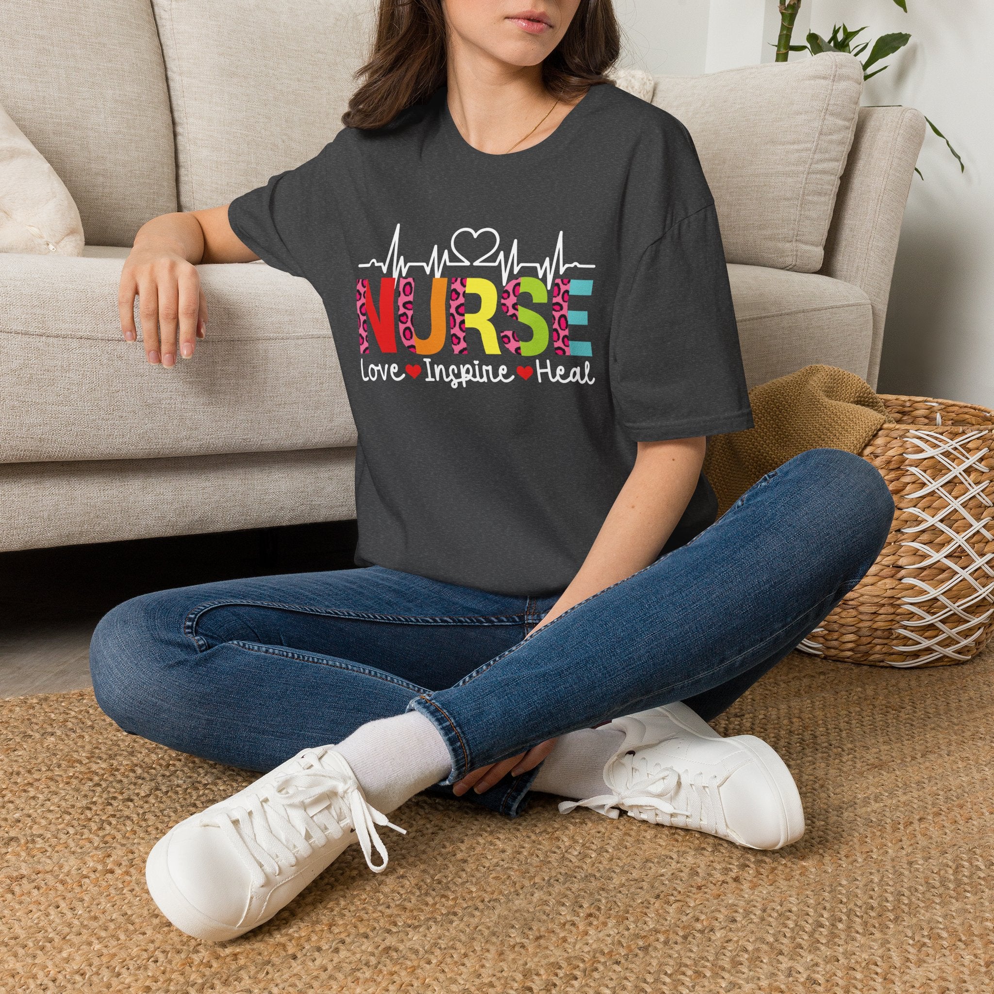 Nurse Heartbeat T‑Shirt — "NURSE: Love • Inspire • Heal" Colorful Leopard Healthcare Tee