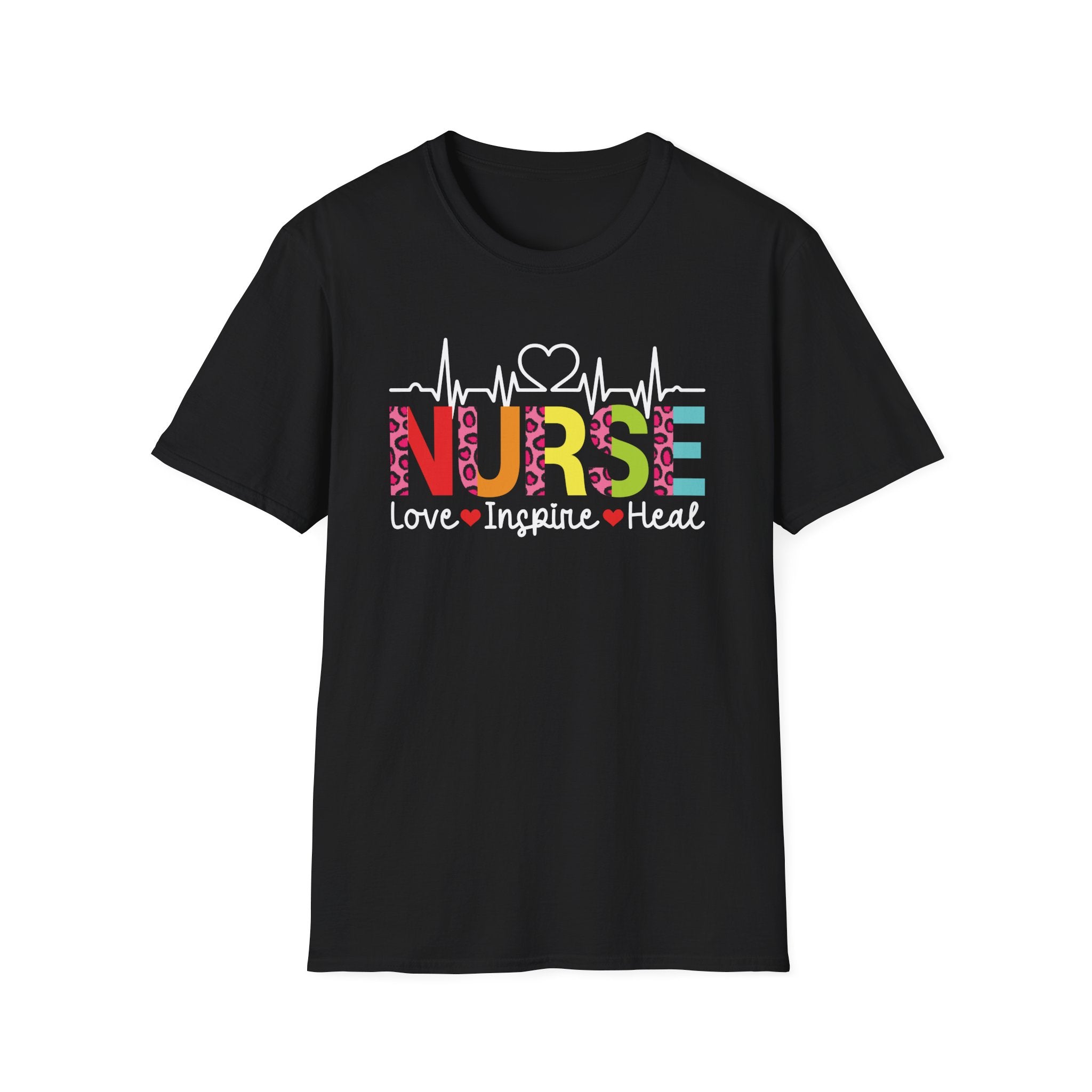 Nurse Heartbeat T‑Shirt — "NURSE: Love • Inspire • Heal" Colorful Leopard Healthcare Tee