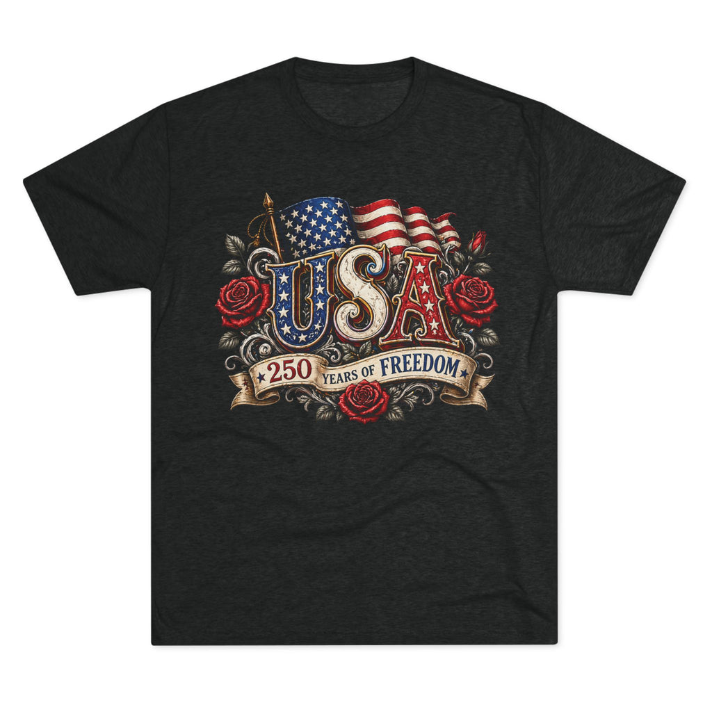 USA 250 Years of Freedom Graphic Tee – Patriotic American Flag & Roses T-Shirt