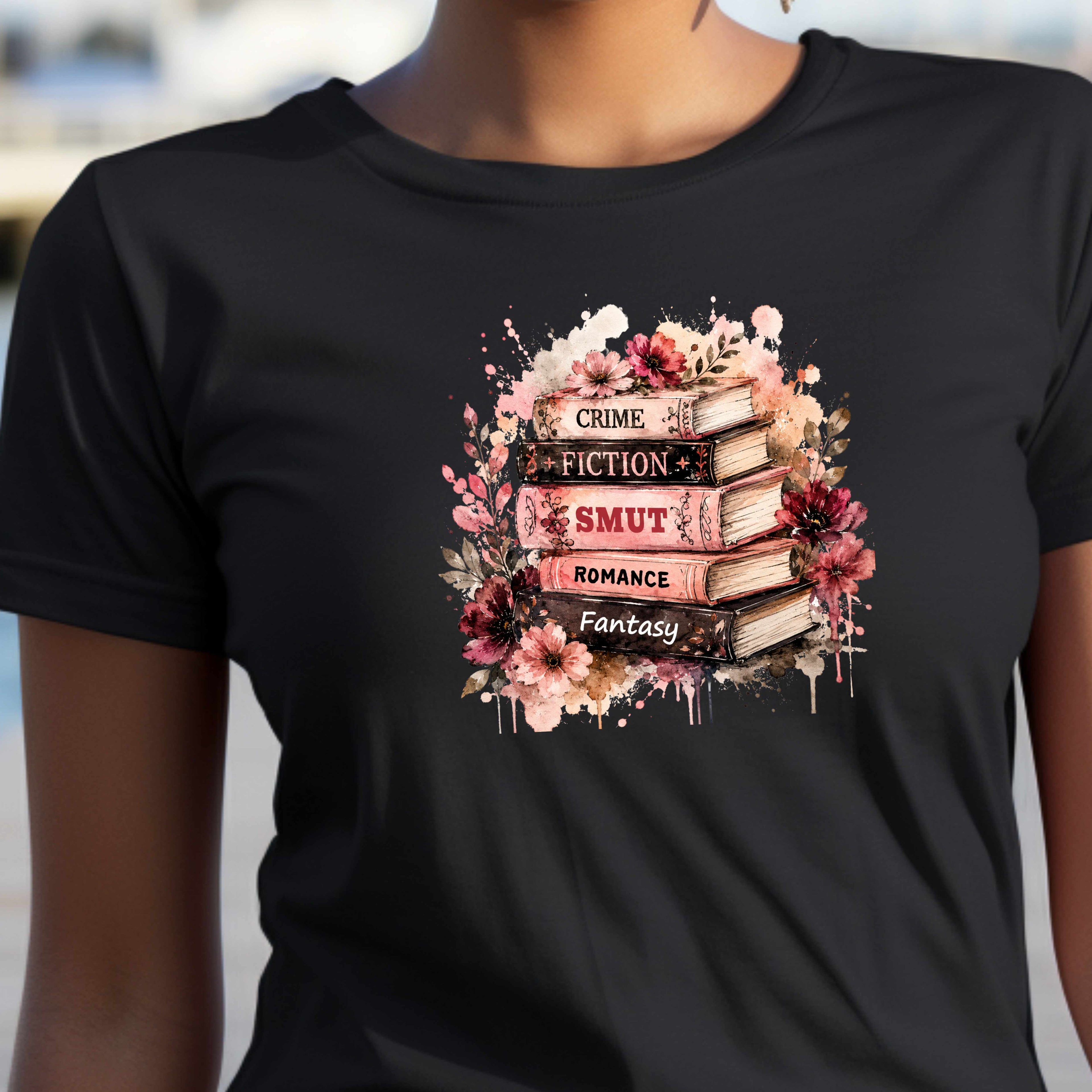 Book Lover Stack T‑Shirt — Crime, Fiction, Smut, Romance & Fantasy Graphic Tee